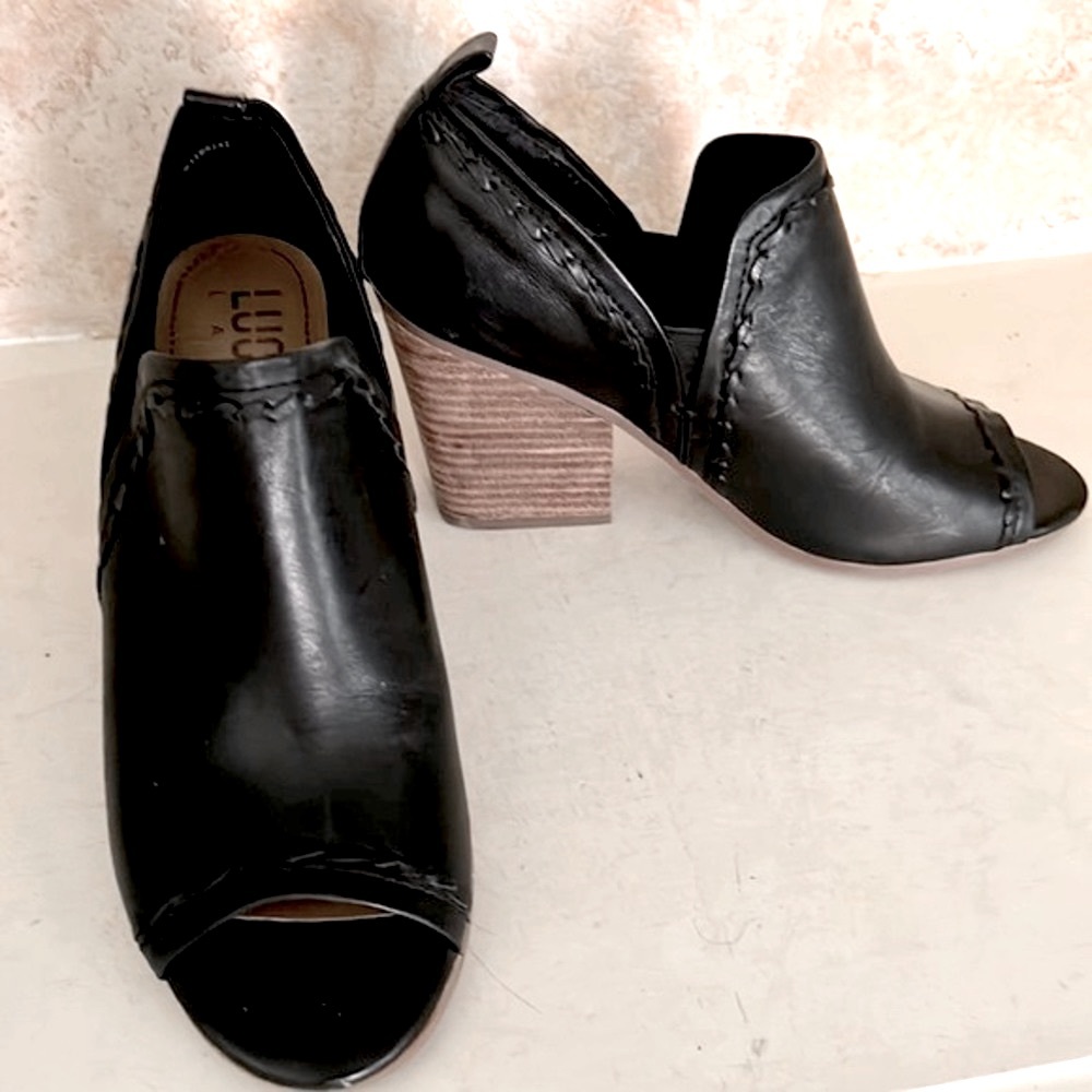 Lucca Lane Black Ankle Booti Leather Size 7.5 Anna Block Heel Open Toe